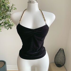 Black Velvet Chain Strap Halter Top XS Y2K Sexy
